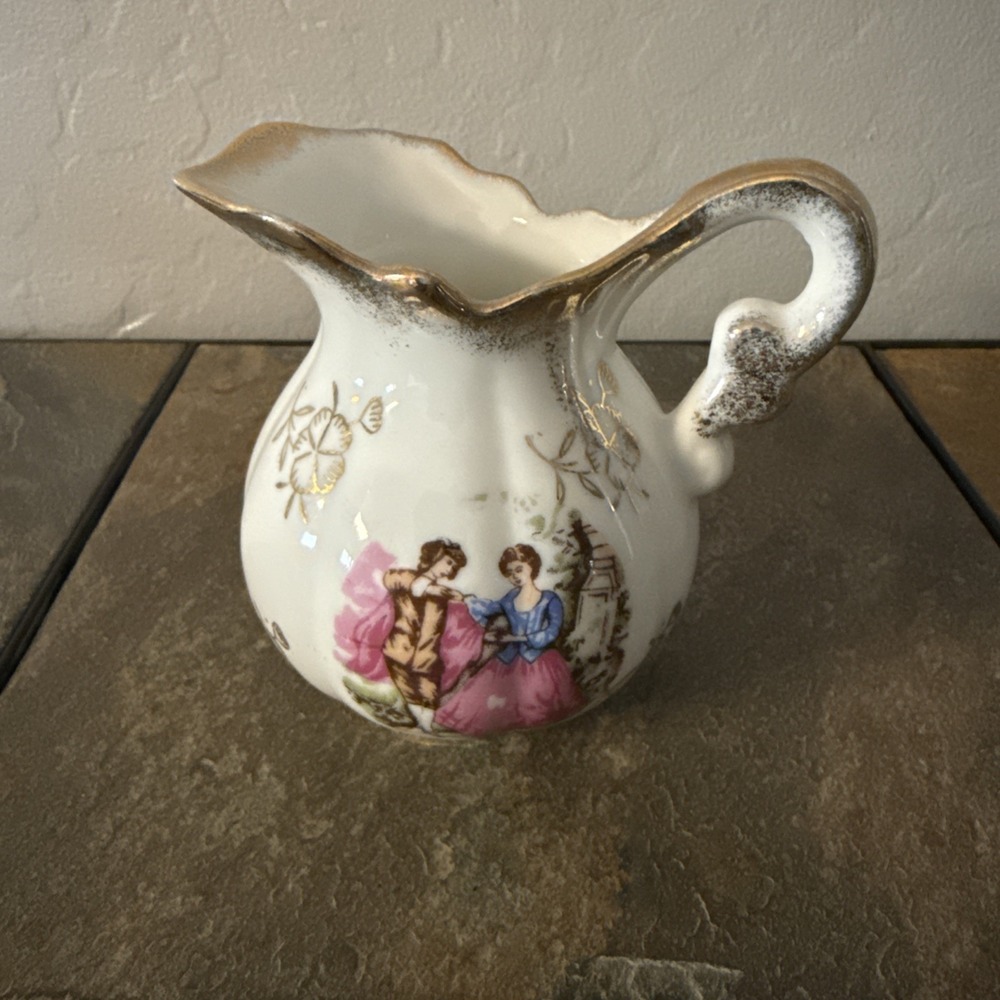 Vintage‎ Japanese Porcelain Gold Trim Creamer with Victorian Couple